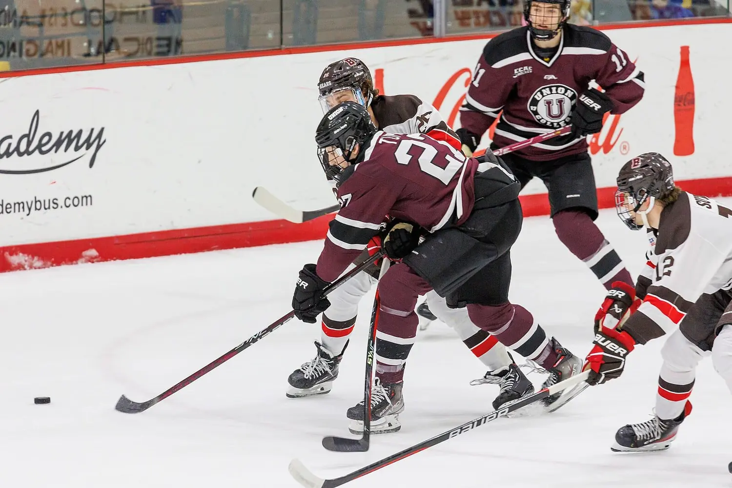 Union College players battling for the puck against Brown